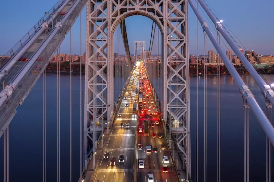 View of traffic on George Washington Bridge between New Jersey and New York City.